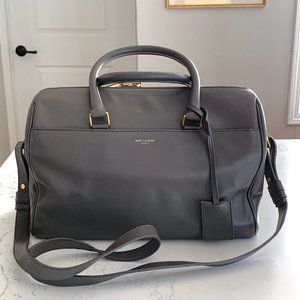 YSL Saint Laurent Duffle Boston Bag Bowling Gray Leather Two Way Handbag